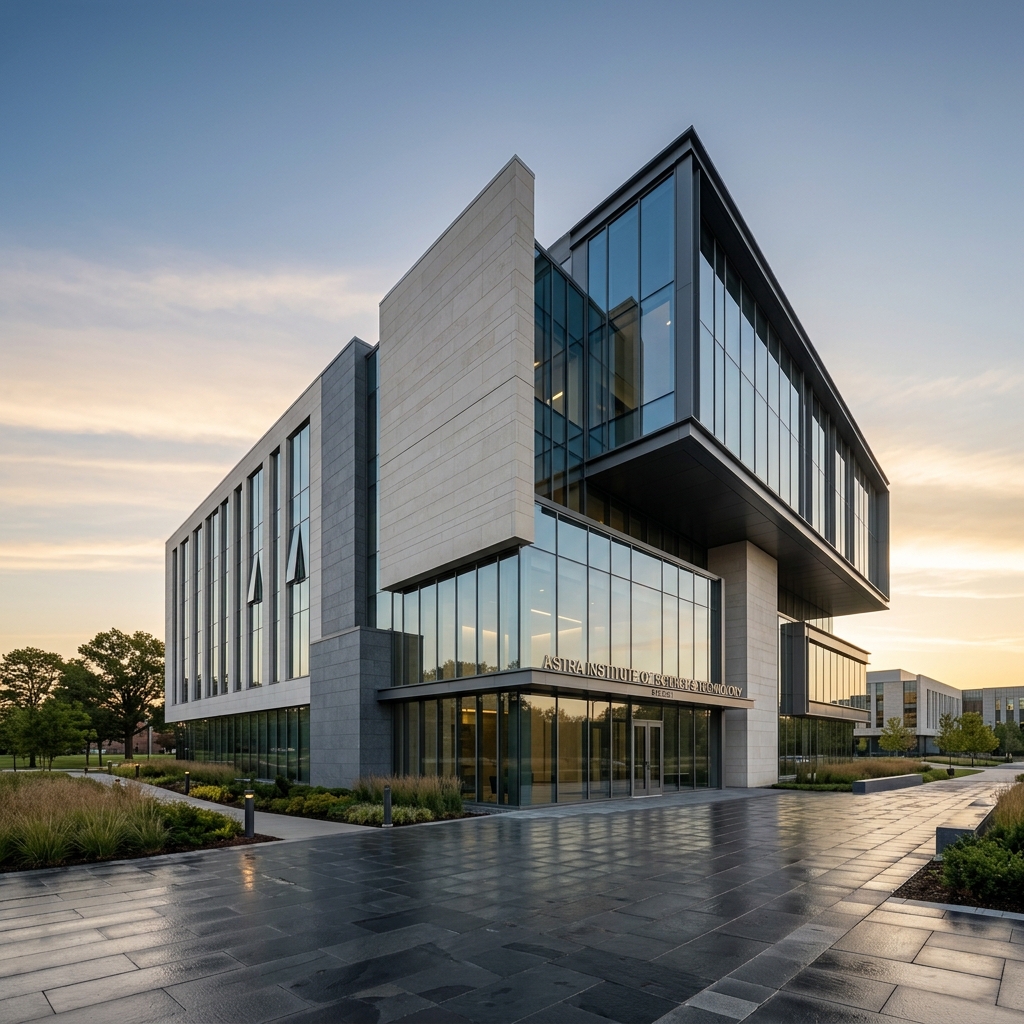 Fotografia arquitectonica fotorealista de un edificio moderno y minimalista de una universidad de elite, hecho de piedra lisa, vidrio y acero. Luz suave de amanecer (hora dorada) que transmite calma, futuro y solidez. Perspectiva dinamica pero sobria. Sin personas. Tonos azul marino profundo, gris pizarra y blanco hueso.
